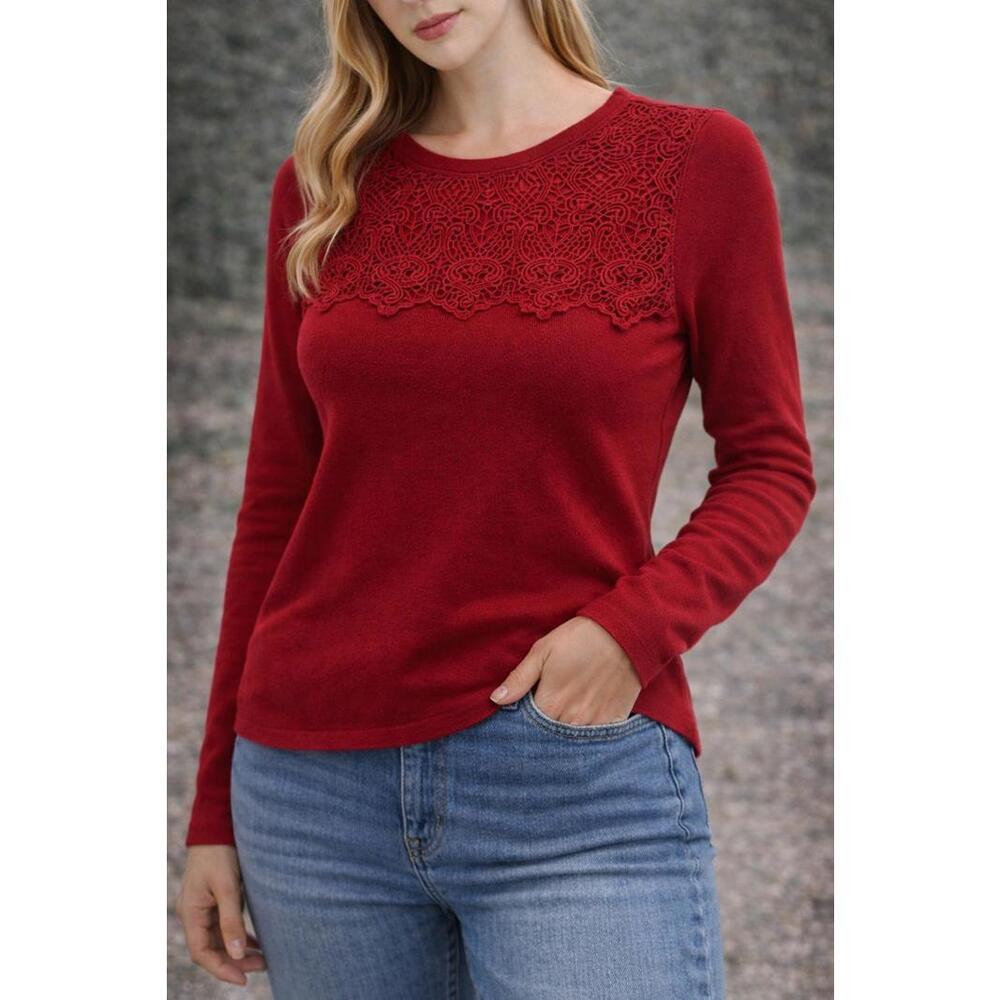 Buffalo David Bitton Women’s Red Lace Long Sleeve Top Size Small Casual Knit